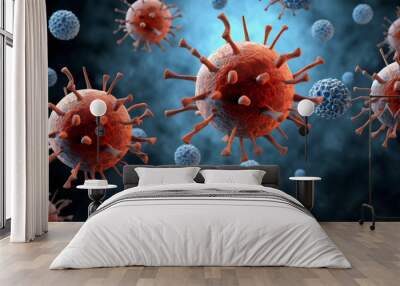 Microscopic view of virus cells floating in a dark environment with a blue backdrop highlighting their detailed structure and features Wall mural