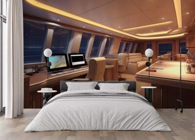 Modern yacht interior featuring a spacious work desk and comfortable seating Wall mural