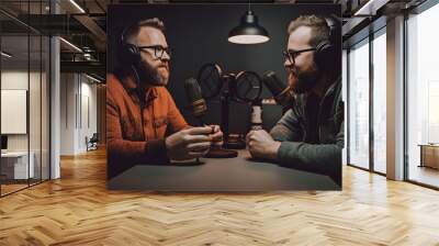 Picture of two men talking on live streaming. Concept of the podcast in the studio. People in headphones on, interview, broadcast, recording audio, online show Wall mural