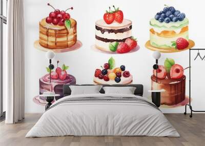 Set of different delicious cakes on white. Illustration Wall mural