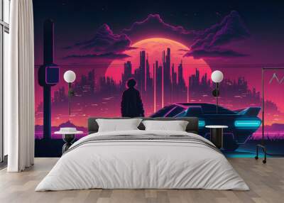 The futuristic retro landscape of the 80s. Illustration of the moon and car in retro style. Suitable for the design of the 80s style Wall mural