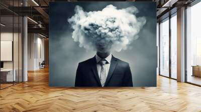 The head of the businessman is covered with clouds. Business concept Wall mural