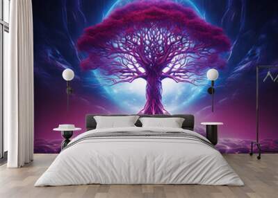 Tree standing in purple and blue landscape Wall mural