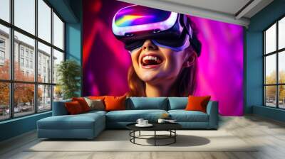 Young female having fun with virtual reality glasses. Young girl using new headset goggles trends technology Wall mural