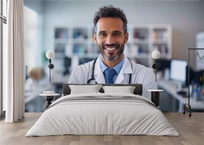 Young handsome man wearing doctor uniform and stethoscope with a happy smile. Lucky person Wall mural