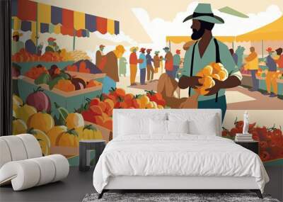 A bright and colorful vector illustration of a person shopping at a farmer's market. Generative AI Wall mural