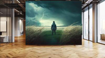 A person standing in a field of tall grass, watching a storm approach. Generative AI Wall mural