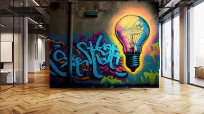 Graffiti art light bulb painted on the side of a building. Generative AI. Wall mural