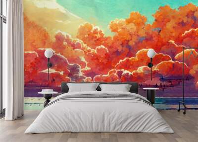 High-Quality PNG Sublimation Artwork of Red Cloud Sea Beach with Tranquil Ocean View and Vibrant Sunset Colors, Digital Graphic Design for Print-On-Demand, Beachwear and Decorative Art, Transparent Ba Wall mural