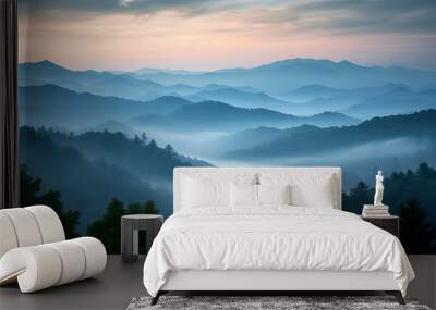 A photo of Great Smoky Mountains, with misty Appalachian peaks as the background, during a tranquil morning Wall mural