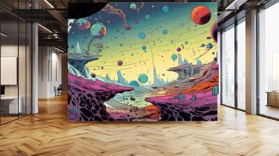 A retro comic-style outer space landscape, with colorful planets, swirling galaxies, and futuristic spacecraft, taking viewers on an intergalactic adventure filled with wonder. Generative AI Wall mural