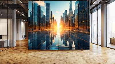 An abstract perspective of towering skyscrapers creating canyons of glass and steel, symbolizing the modern urban landscape and its architectural grandeur. Wall mural