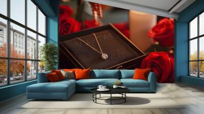 An elegant Valentine's Day jewelry box containing a beautiful necklace, earrings, and a handwritten love note makes for a treasured gift. Wall mural