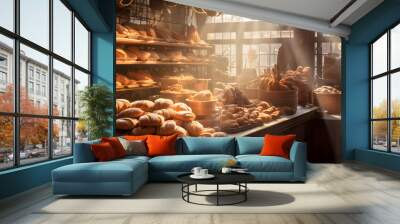 Early morning sunlight bathes a bakery scene, illuminating rows of freshly baked goods. The photography captures the steam rising from warm bread and the golden hues of croissants. Wall mural