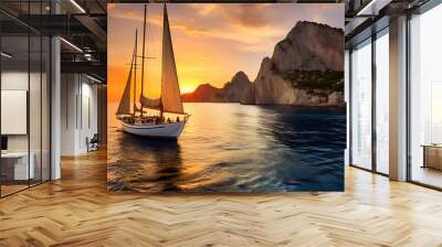 Embark on a visual journey through the wonders of the Mediterranean Sea with this awe-inspiring image. Majestic cliffs rise from the shore, offering sweeping panoramic views of the endless horizon. Sa Wall mural