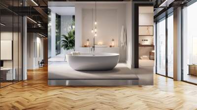 Immerse yourself in the luxury of a modern bathroom retreat. The photograph captures a spa-like space with sleek fixtures, a freestanding tub, and soft ambient lighting and inviting relaxation. Wall mural