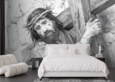 Jesus carrying the cross along the Via Dolorosa in a detailed pencil drawing, emphasizing the weight and strain of the cross on his shoulders. Wall mural