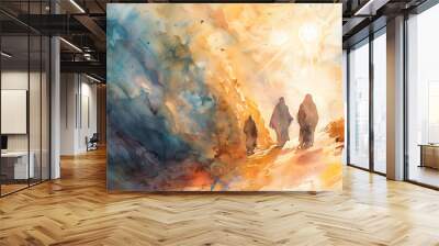 The disciples' disbelief and joy upon encountering the risen Jesus on the road to Emmaus, with warm and inviting watercolor tones conveying the transformative moment. Wall mural