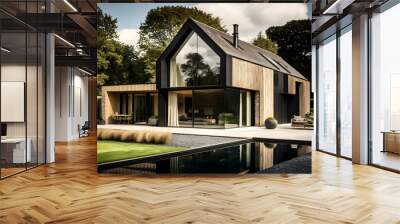 Ultra-modern Architect-designed luxury barn house, light brown wood and brown stone, dark glass with a sleek modern design featuring a flat pitched roof, located in a landscaped garden Wall mural