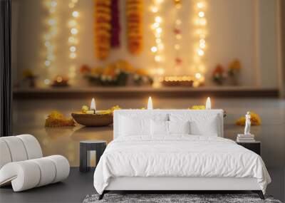 A set of lit Diwali diyas (lamps) arranged in a modern minimalistic setting Wall mural