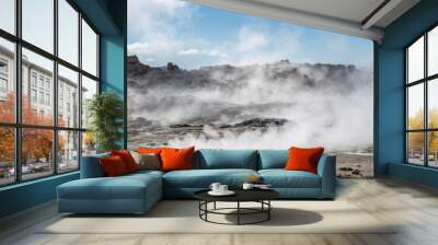 Hverir Myvatn geothermal area with boiling mudpools and steaming fumaroles, Iceland Wall mural