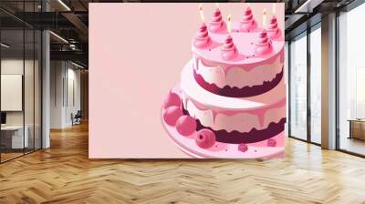 A delightful pink birthday cake forms a charming background. The pink color gives a soft and festive look. The cake has a smooth surface and is likely decorated with various elements. It brings a sens Wall mural