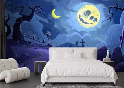 A spooky Halloween cartoon background with a prominent moon. The moon is shining brightly in the night sky, casting an eerie glow Wall mural