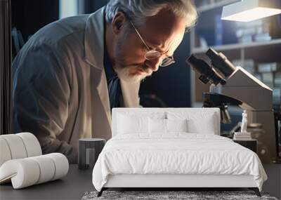 Close-up of a scientist working with a microscope. Wall mural