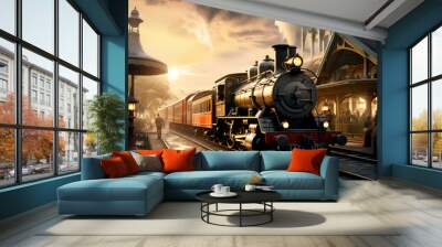 Vintage train station with steam locomotives. Wall mural