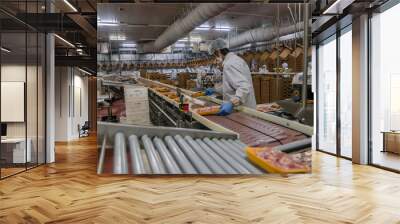 Muslim woman workers working in a chicken meat plant. Wall mural