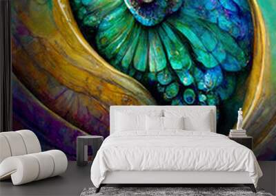 background in peacock colors, fictional seashell nautilus, beautiful iridescent colors, background,  Wall mural