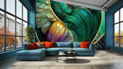 background in peacock colors, fictional seashell nautilus, beautiful iridescent colors, background,  Wall mural