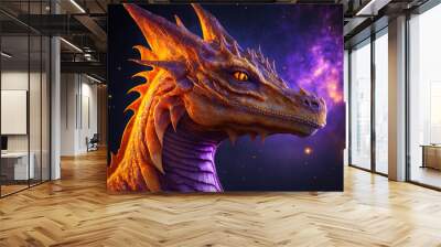 Cosmic dragons in orange and purple, mythical creatures full of power and energy, connection to universe. Spirituality, esoteric, fantasy, role playing games. Generative Ai
 Wall mural