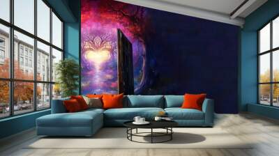 Doors of love to our heart, soul. Concept of universal love, spirituality, connection. Awareness of inner self. Concept. Esoteric. Generative AI. Wall mural