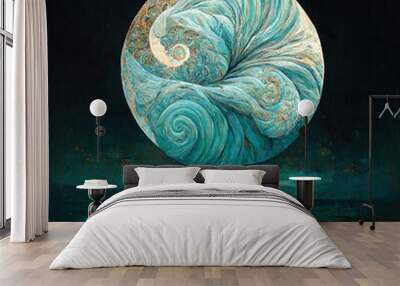 Dream of a different full moon, moon becoming a nautilus or a shell, imaginary moon, illustration, art, ai, digital, beautiful moon, card Wall mural