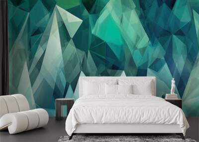 Geometric triangular pattern, origami, polygon, contemporay blue and green background, bright colored mosaic. Generative AI. Wall mural