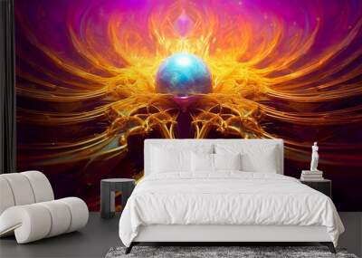 Gorgeous, luminous blue pearl in luxurious gold, purple fluids blend. Fantastical planet emerging from interplay of motion, liquid, beauty. Creative, enchanting backdrop for science, esoteric. Wall mural