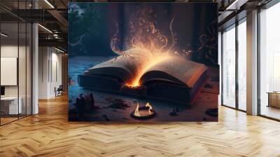 magic book with knowledge light, magical swirls and power, very old alchemy book, education, learning, mystic, esoteric, spiritual. Concept believe in your own power. Generated AI. Wall mural