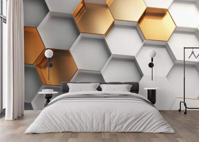 Perfect white and gold hexagons. AI generation Wall mural