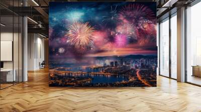 Fireworks above city Wall mural