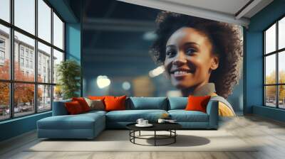 Happy black woman in a factory Wall mural