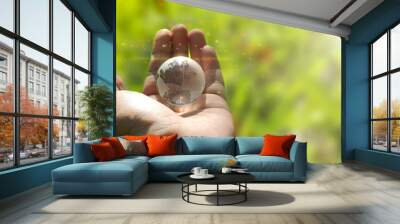 Card for World Earth Day or Arbor Day. Blue glass globe ball in human hand on blurred green background. Saving environment, save, protect clean planet and ecology, sustainable lifestyle. Wall mural