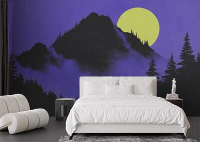 A serene and picturesque mountain landscape illuminated beautifully under a full moon Wall mural