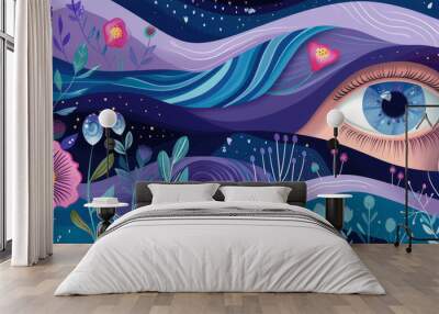 A surreal esoteric abstract illustration with eyes and various ritual symbols Wall mural