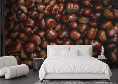 Closeup unpeeled uncooked raw chestnut background Wall mural