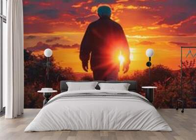 Experience a Serene Walk at Sunset Through the Lush and Vibrant Nature Surroundings Wall mural