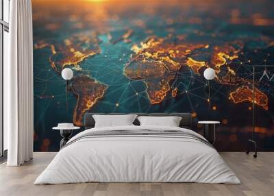 Glowing world map on dark background. Globalization concept. Communications network map of the world. Technological futuristic background. World connectivity and global networking concept Wall mural