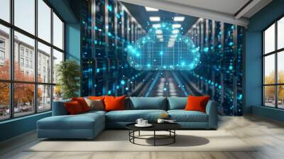 The interior of a large modern server room in a futuristic neon light. Cloud data storage or data center Wall mural