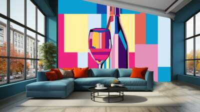 Vector illustration colorful bright bottle of wine and a glass of wine or alcoholic drink on a multicolored background. Wall mural