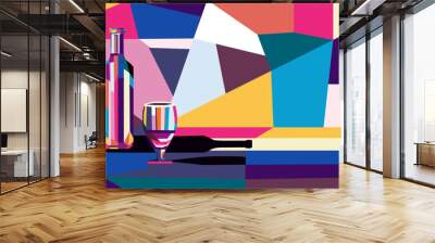 Vector illustration colorful bright bottle of wine and a glass of wine or alcoholic drink. Wall mural